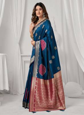 Women's blue soft silk zari woven saree with blouse 3