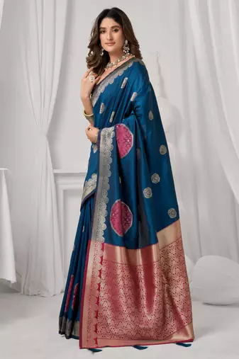 Women's blue soft silk zari woven saree with blouse