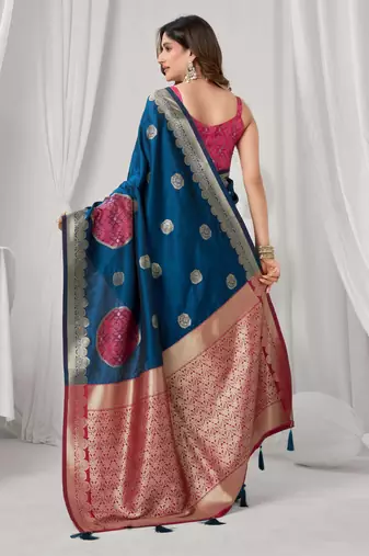 Women's blue soft silk zari woven saree with blouse