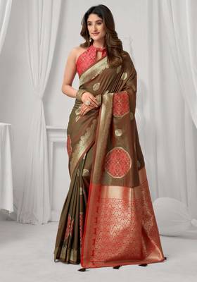 Women's coffee soft silk zari woven saree with blouse 1
