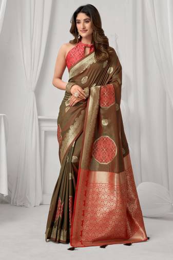 Women's coffee soft silk zari woven saree with blouse