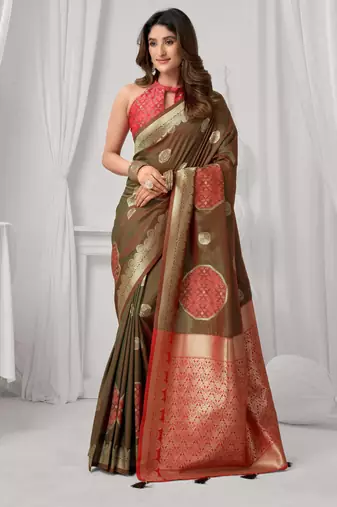 Women's coffee soft silk zari woven saree with blouse