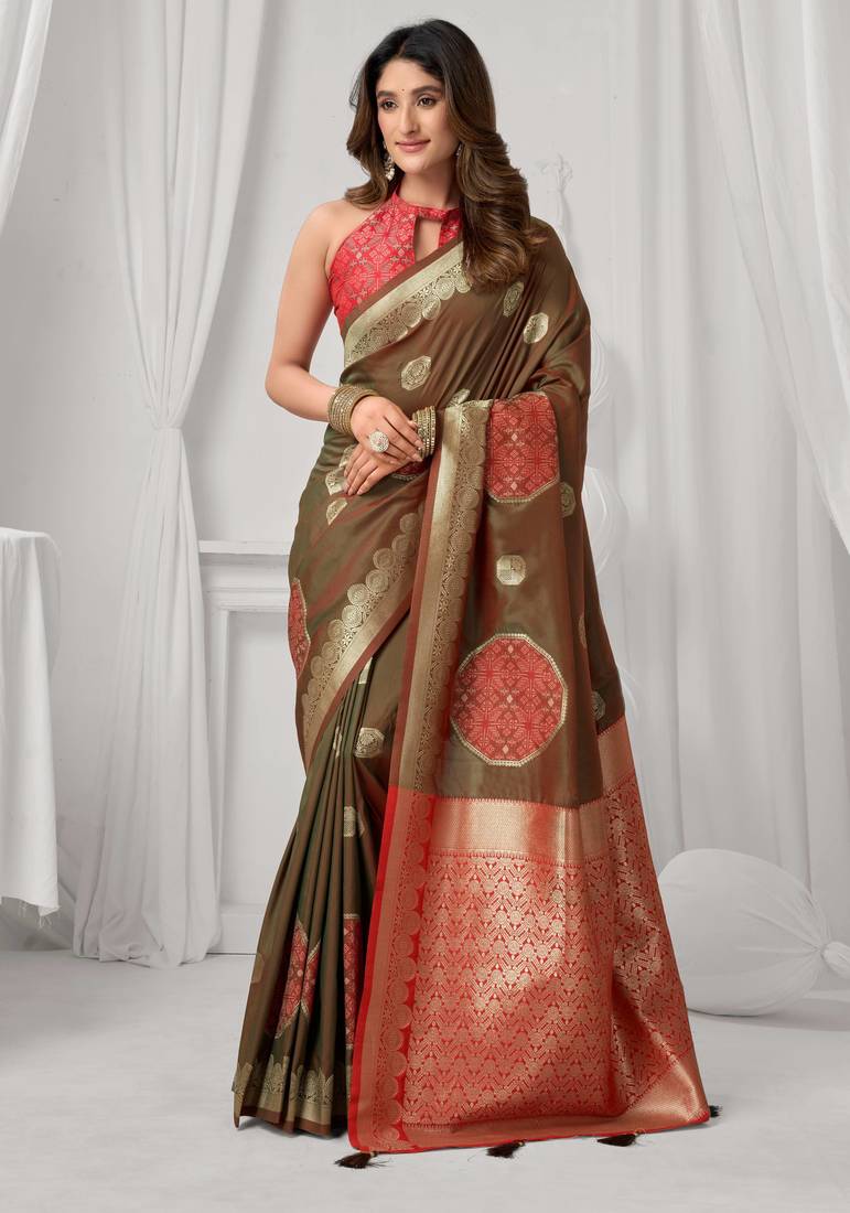 Women's coffee soft silk zari woven saree with blouse