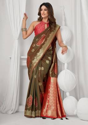 Women's coffee soft silk zari woven saree with blouse 2