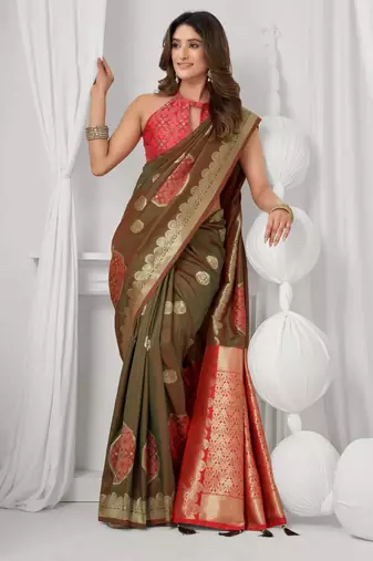 Women's coffee soft silk zari woven saree with blouse