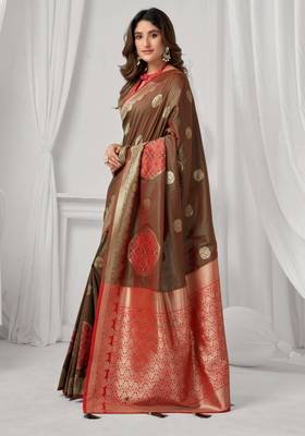 Women's coffee soft silk zari woven saree with blouse 3