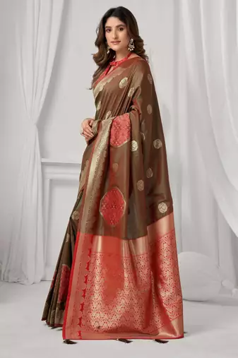 Women's coffee soft silk zari woven saree with blouse