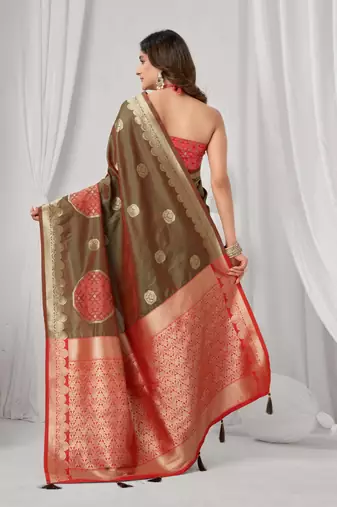 Women's coffee soft silk zari woven saree with blouse