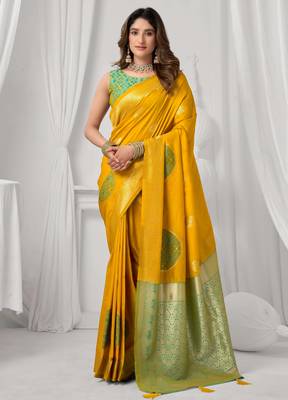 Women's yellow soft silk zari woven saree with blouse 1