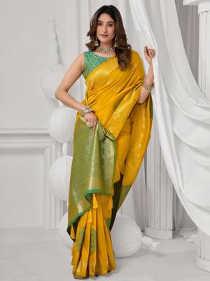 Women's yellow soft silk zari woven saree with blouse 2