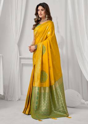 Women's yellow soft silk zari woven saree with blouse 3