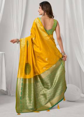 Women's yellow soft silk zari woven saree with blouse 5