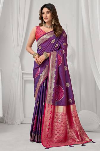 Women's purple soft silk zari woven saree with blouse
