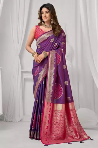 Women's purple soft silk zari woven saree with blouse