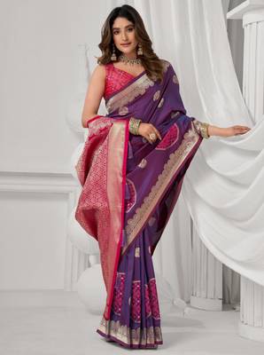 Women's purple soft silk zari woven saree with blouse 2