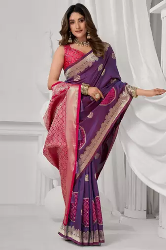 Women's purple soft silk zari woven saree with blouse
