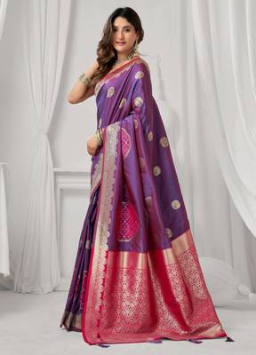 Women's purple soft silk zari woven saree with blouse 3