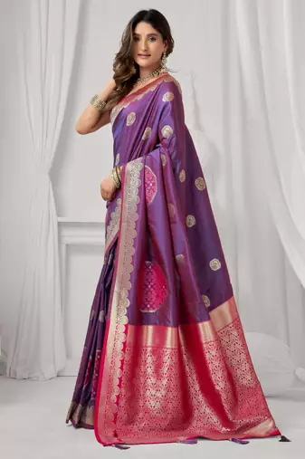 Women's purple soft silk zari woven saree with blouse