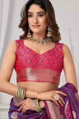 Women's purple soft silk zari woven saree with blouse