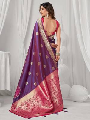 Women's purple soft silk zari woven saree with blouse 5