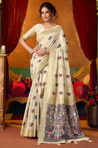 Women's cream modal zari woven saree with blouse