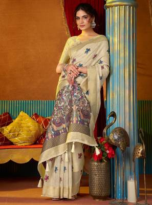 Women's cream modal zari woven saree with blouse 2