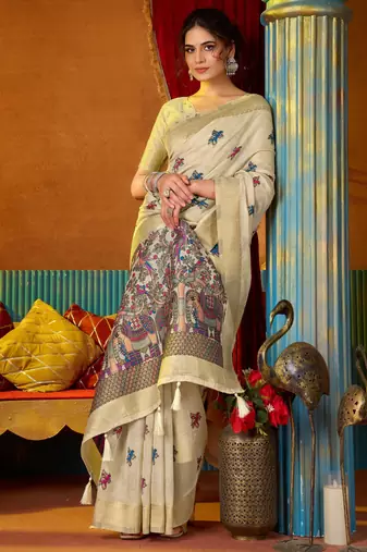 Women's cream modal zari woven saree with blouse