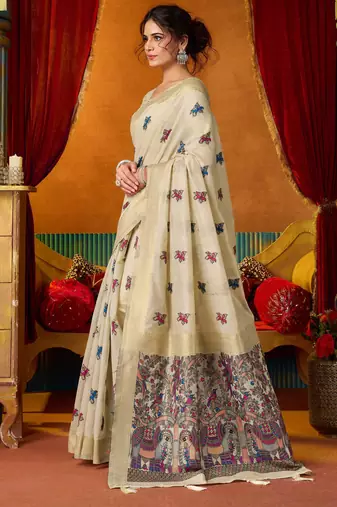 Women's cream modal zari woven saree with blouse