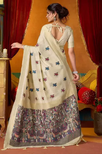 Women's cream modal zari woven saree with blouse