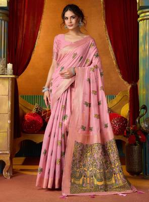 Women's pink modal zari woven saree with blouse 1