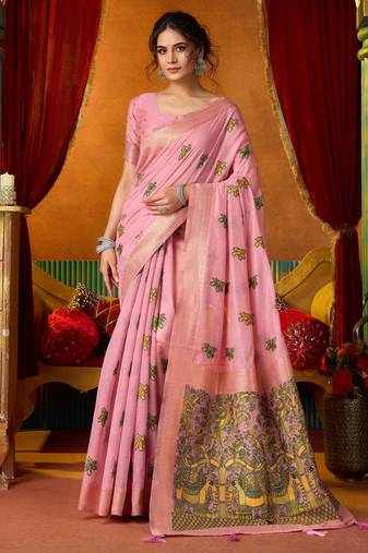 Women's pink modal zari woven saree with blouse