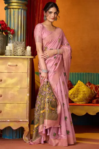 Women's pink modal zari woven saree with blouse