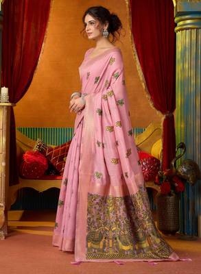 Women's pink modal zari woven saree with blouse 3