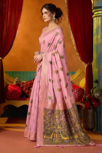 Women's pink modal zari woven saree with blouse