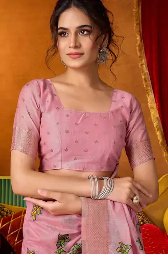 Women's pink modal zari woven saree with blouse