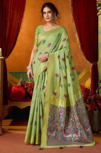 Women's green modal zari woven saree with blouse
