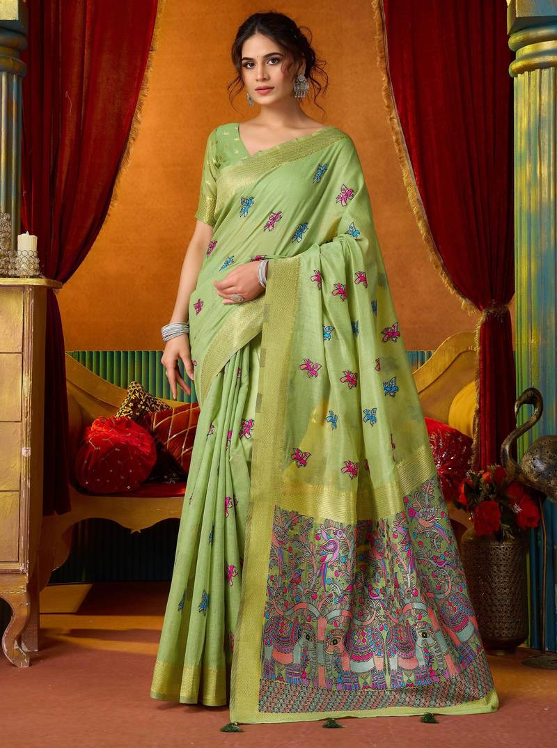 Women's green modal zari woven saree with blouse