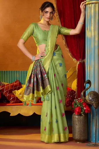 Women's green modal zari woven saree with blouse