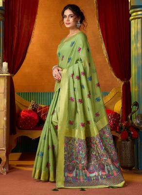Women's green modal zari woven saree with blouse 3