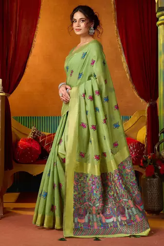 Women's green modal zari woven saree with blouse