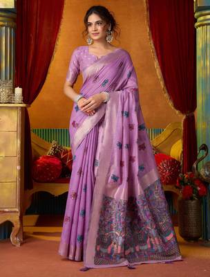 Women's lavender modal zari woven saree with blouse 1