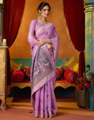 Women's lavender modal zari woven saree with blouse 2