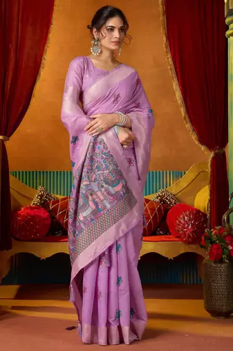 Women's lavender modal zari woven saree with blouse