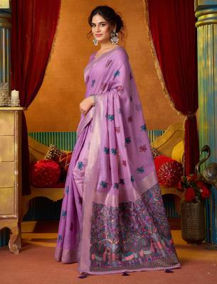 Women's lavender modal zari woven saree with blouse 3