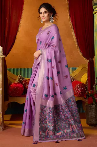 Women's lavender modal zari woven saree with blouse