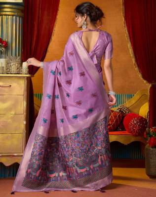 Women's lavender modal zari woven saree with blouse 5