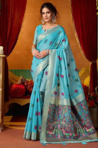 Women's turquoise modal zari woven saree with blouse