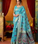 Women's turquoise modal zari woven saree with blouse