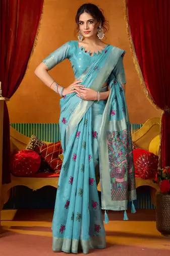 Women's turquoise modal zari woven saree with blouse