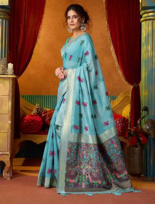 Women's turquoise modal zari woven saree with blouse 3